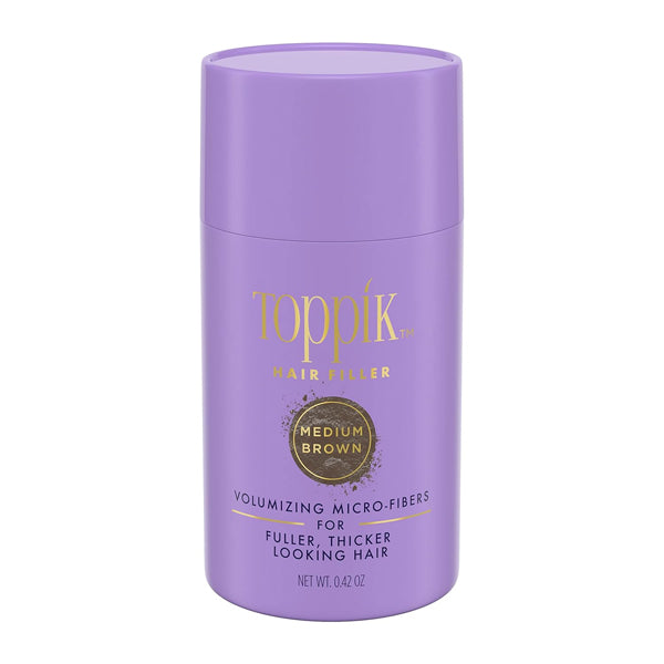 A 12g container of Toppik Hair Fiber Powder Hair Thickener for Women in Medium Brown, with volumizing keratin micro-fibers for fuller-looking hair.